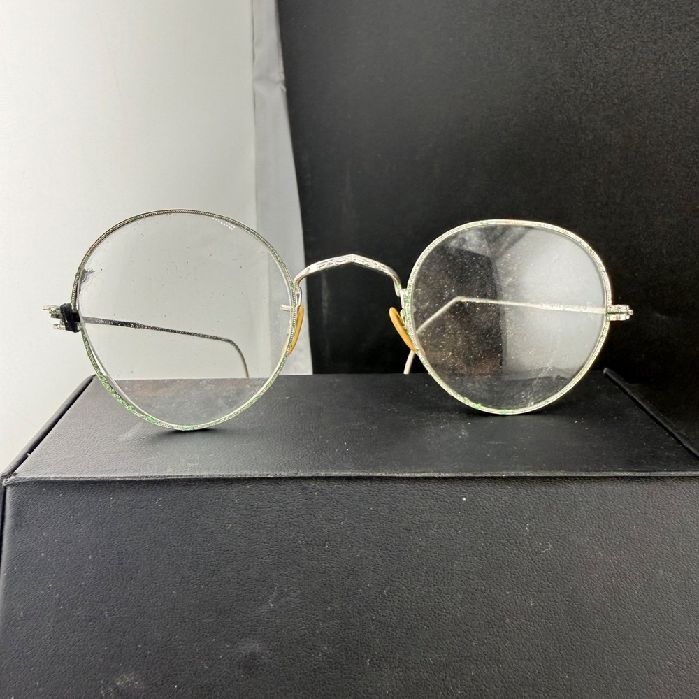 Vintage 1/10 12K GF Wire Frame Glasses Silver Round Engraved Bridge 26415